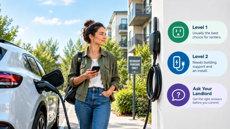 Renter charging an electric vehicle at an apartment with Level 1 and Level 2 options