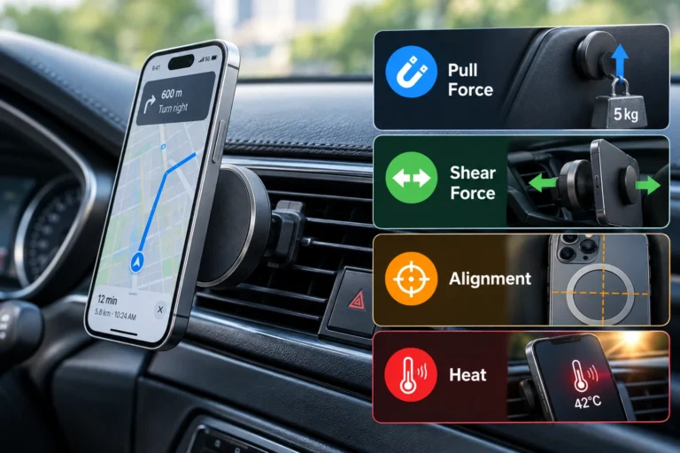 Magnetic car phone mount showing pull force, shear force, alignment and heat