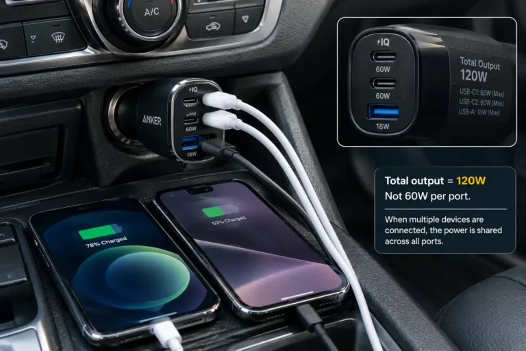 Multi-port car charger powering two phones with shared wattage