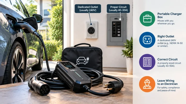 Portable Level 2 EV charger connected to an electric car at home