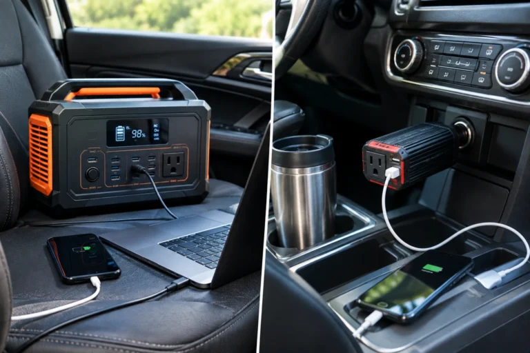Portable power station and car inverter powering devices inside a vehicle