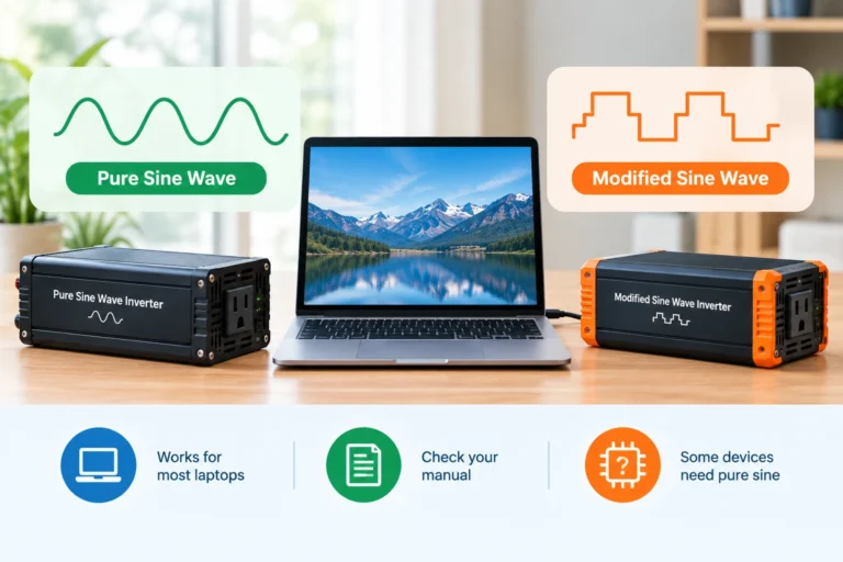 Laptop connected to pure sine and modified sine wave inverters