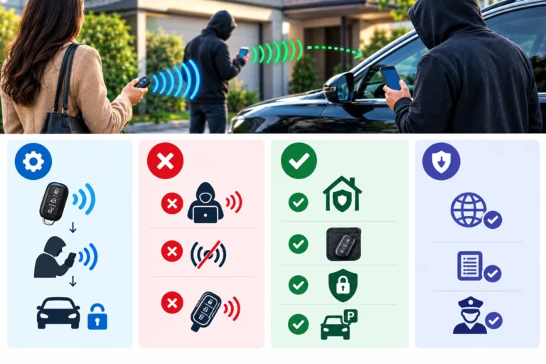 Relay theft scenario showing a key fob signal being relayed to a keyless car