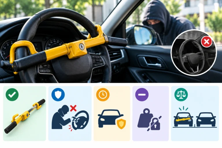 Steering wheel lock installed on a car to deter vehicle theft
