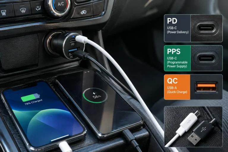 USB-C car charger showing PD, PPS and QC charging standards