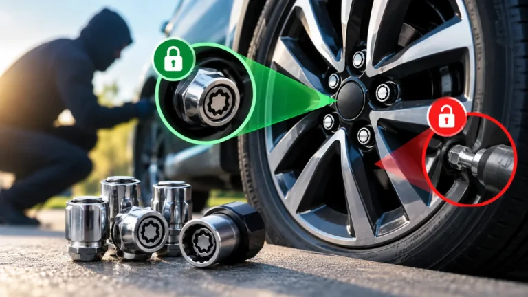 Locking lug nuts installed on a car wheel with matching key