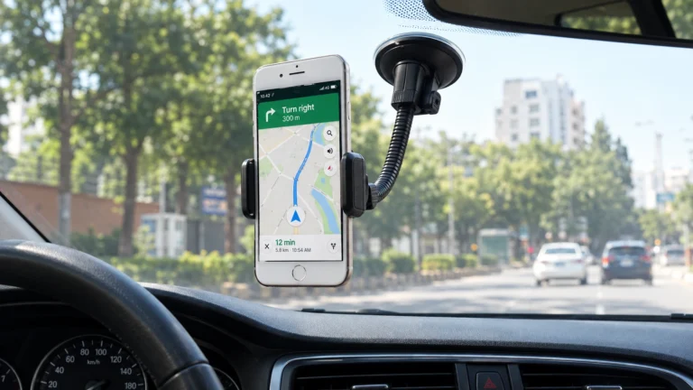 Windshield phone mount showing navigation through a car windshield