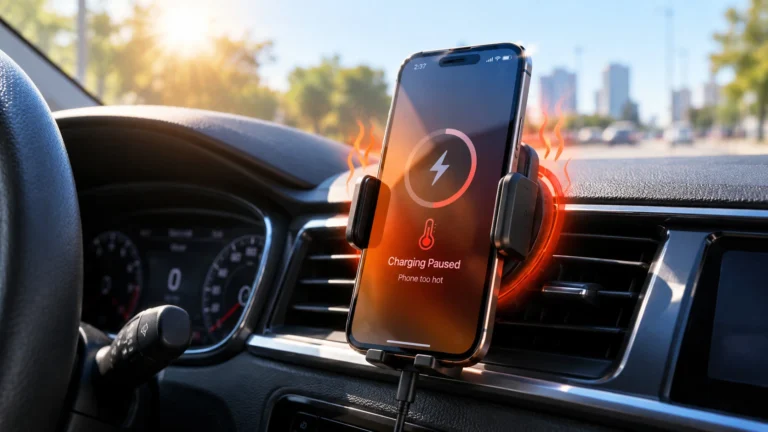 Smartphone overheating while charging on a wireless car charger in direct sunlight