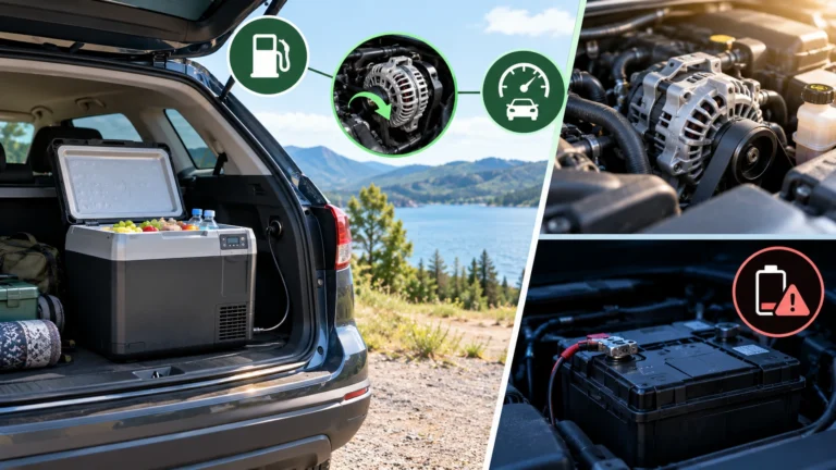 12V car fridge running from a vehicle with the alternator and starting battery shown as the key energy considerations