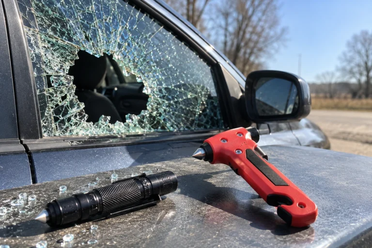 Car escape tools with glass breaker tips beside a shattered tempered side window