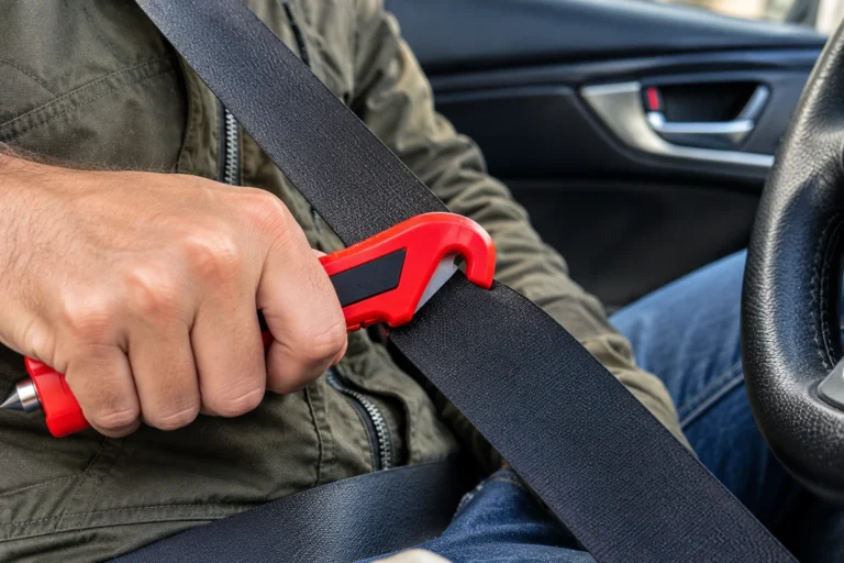 Driver using an emergency seatbelt cutter to cut a car seat belt