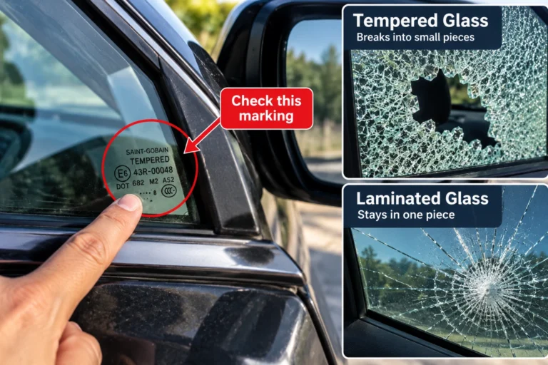 Finger pointing to tempered glass marking in the corner of a car side window