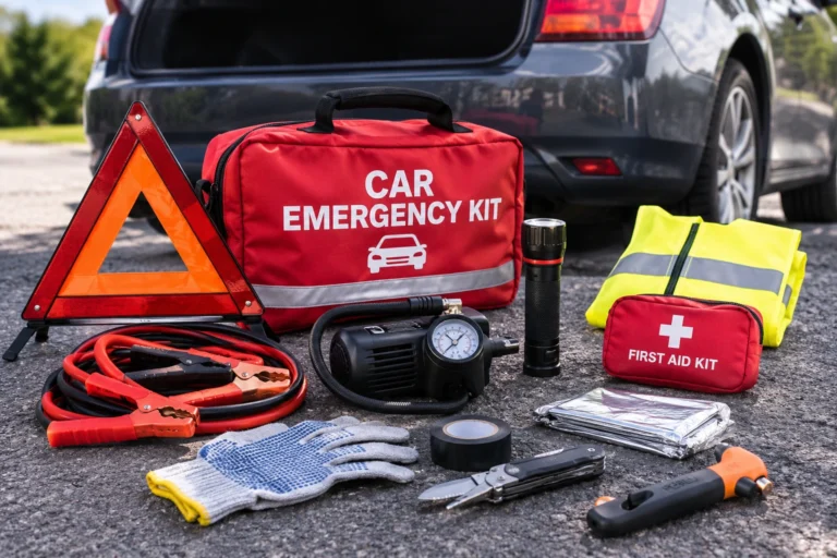 Essential roadside emergency kit with warning triangle, jumper cables, air compressor, flashlight, first aid supplies and reflective safety vest