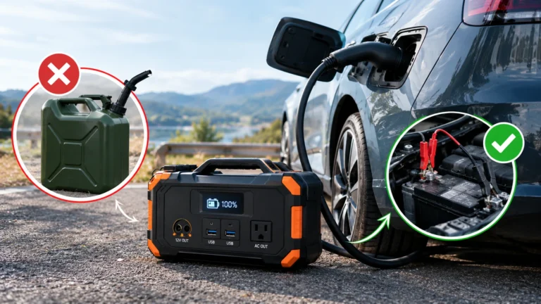 Portable EV emergency charger pack beside an electric vehicle with a dead 12V battery