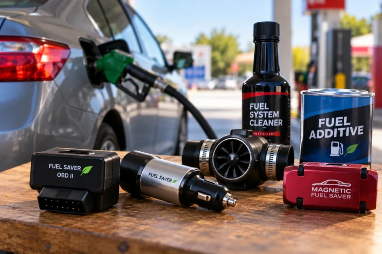 Fuel-saving car gadgets and fuel additives displayed beside a car being refueled at a gas station