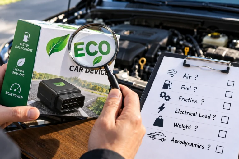 Eco car gadget being evaluated for fuel economy claims, physical mechanism, and real-world evidence