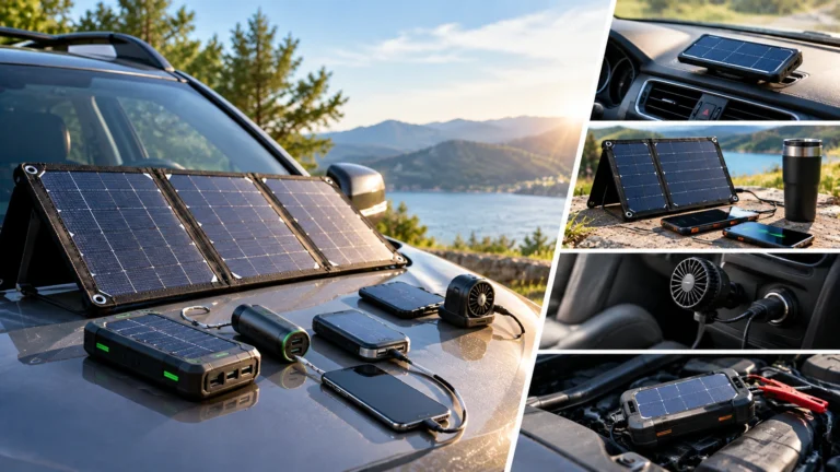 Portable solar panels and solar-powered car gadgets charging phones and devices beside a vehicle