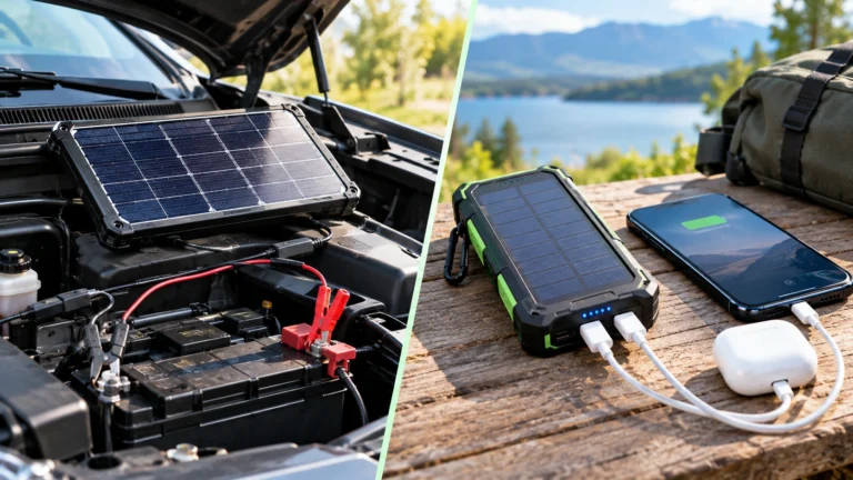 Solar trickle charger maintaining a car battery compared with a solar power bank charging mobile devices